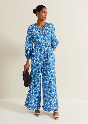 Phase Eight Rosey Floral Zip Jumpsuit Blue USA | 3495710-QO